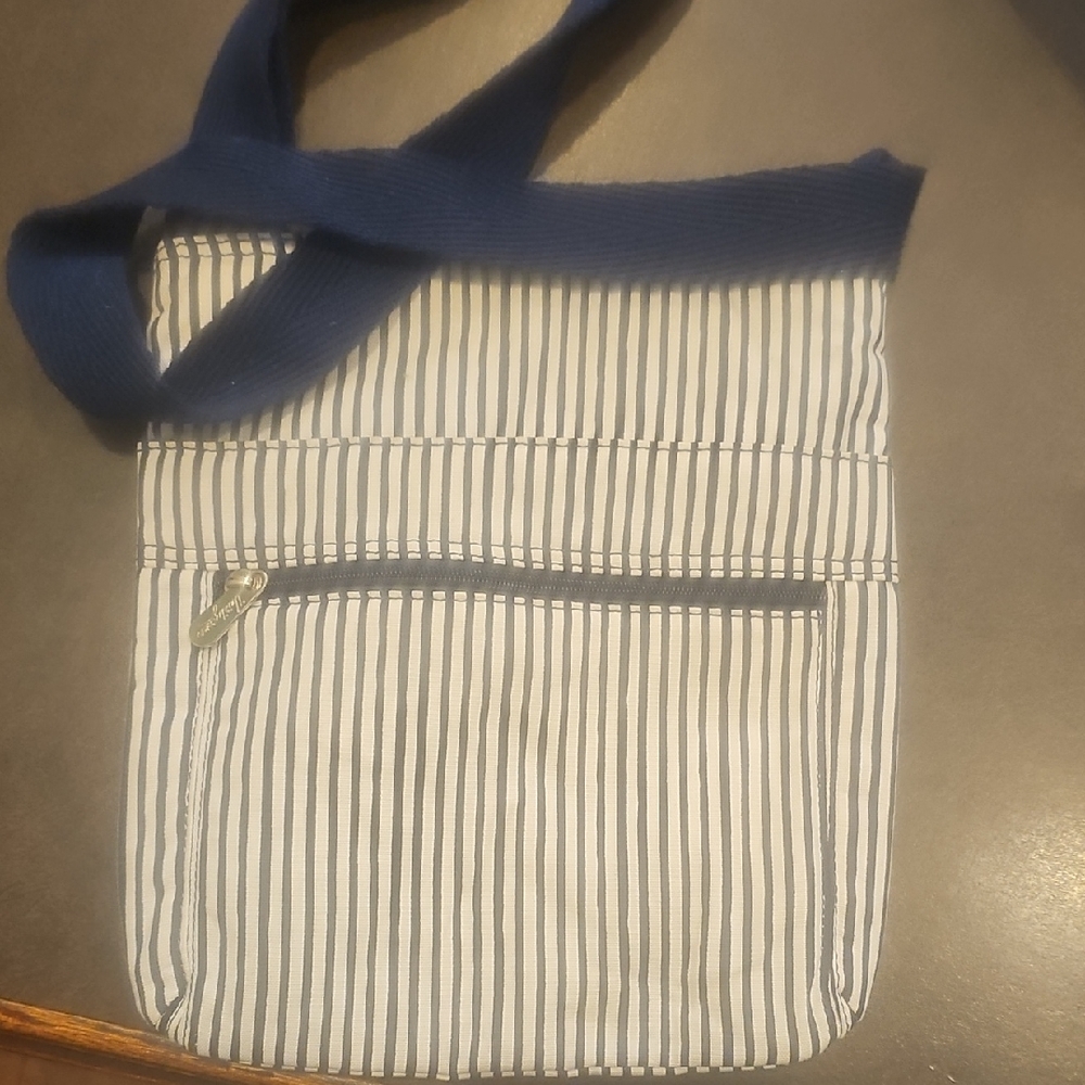 Thirty-One Navy Blue and White Striped Tote with Green Lining